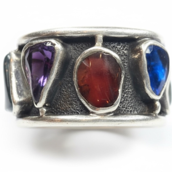 Modernist H. Fred Skaggs MCM Sterling Silver Signed Ring Multi Tourmaline Size 7 - Picture 6 of 15